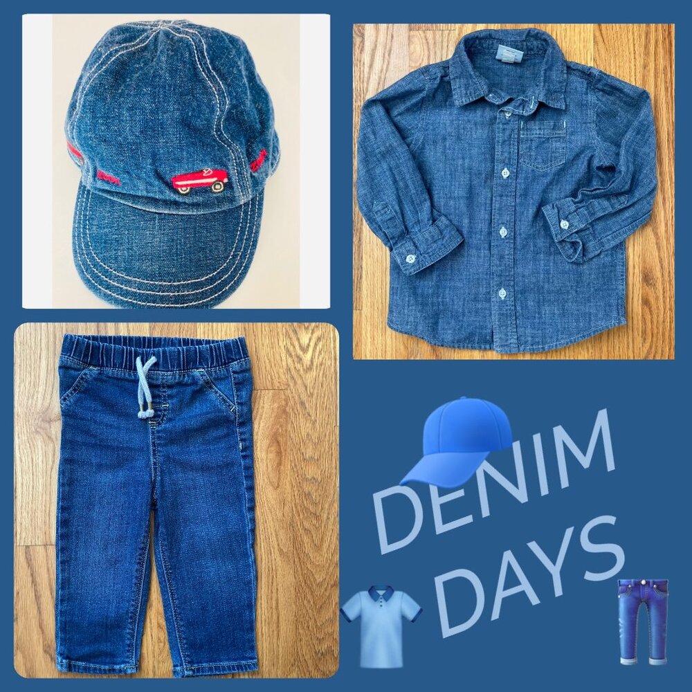 BUNDLE: 12-18M 3-piece denim button-up shirt, pants & cap set in good condition